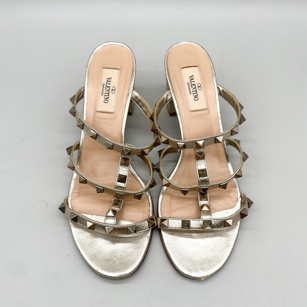 Valentino Garavani Womens 38 8 Rockstud Caged Heel Sandals Metallic Gold Leather